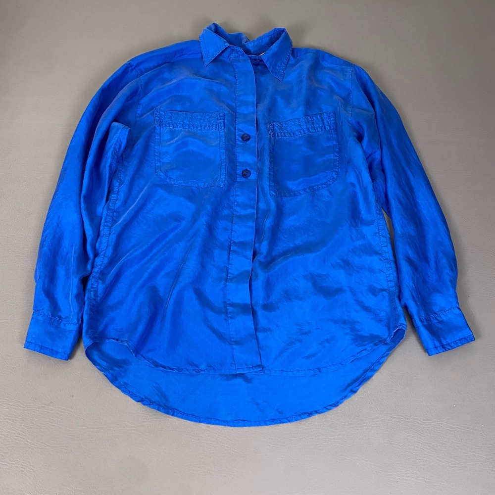 Joule Energy 100% Silk Shirt Button Up Women Size M Royal Blue Long Sleeve *flaw